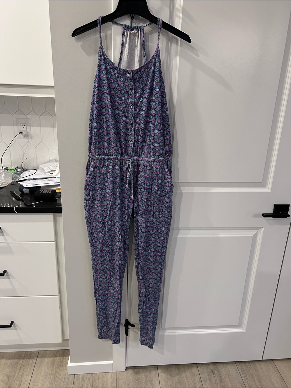 Roxy Purple Patterned Sleeveless Jumpsuit Drawstring Waist Boho Tribal Festival